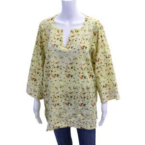 Jennifer Tyler Womens Floral Printed Embroidered V-Neck Tunic Yellow Size 50